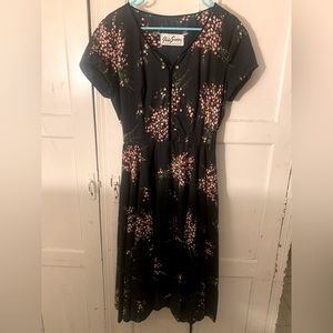 Vintage Gloria Swanson 50s Black Flowered Dress - L
